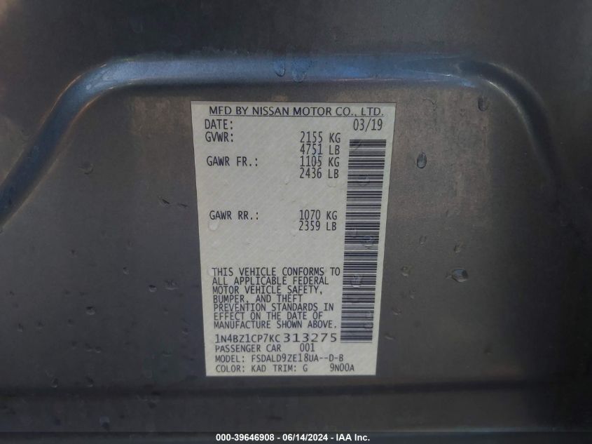 2019 Nissan Leaf Sv Plus VIN: 1N4BZ1CP7KC313275 Lot: 39646908