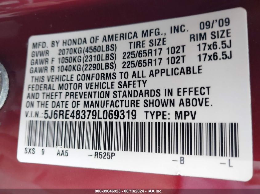 2009 Honda Cr-V Lx VIN: 5J6RE48379L069319 Lot: 39646923