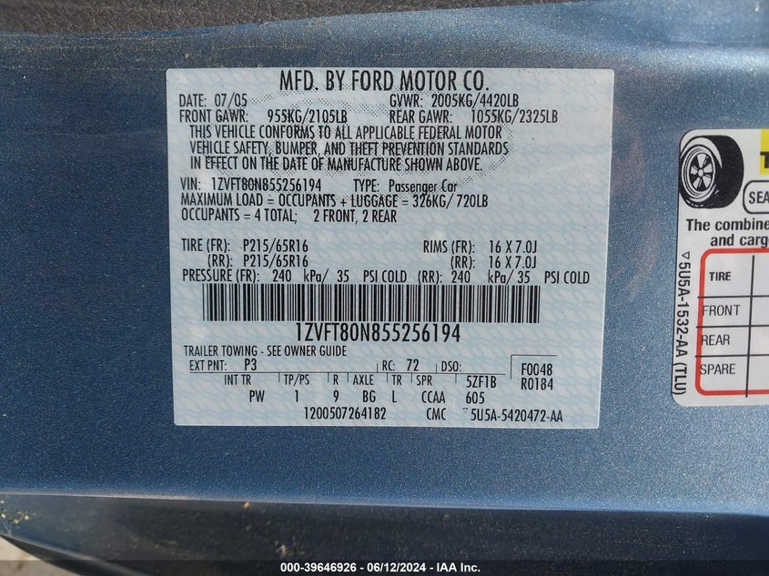 2005 Ford Mustang V6 Deluxe/V6 Premium VIN: 1ZVFT80N855256194 Lot: 39646926