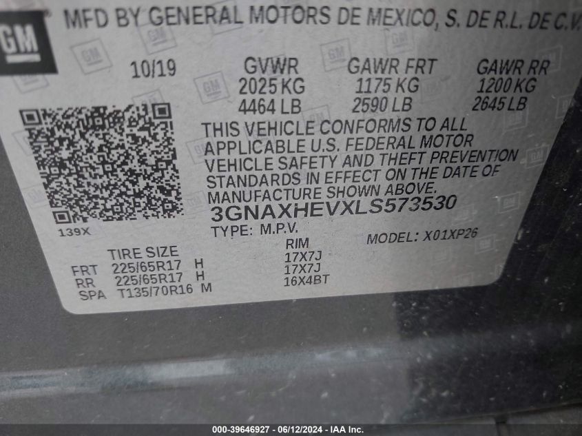 2020 Chevrolet Equinox Fwd Ls VIN: 3GNAXHEVXLS573530 Lot: 39646927