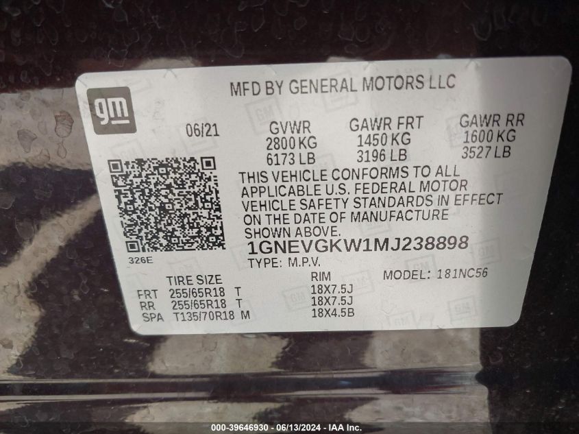 2021 Chevrolet Traverse Awd Lt Cloth VIN: 1GNEVGKW1MJ238898 Lot: 39646930