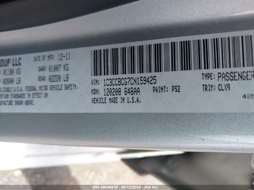 2012 Chrysler 200 Limited VIN: 1C3CCBCG7CN159425 Lot: 39646939