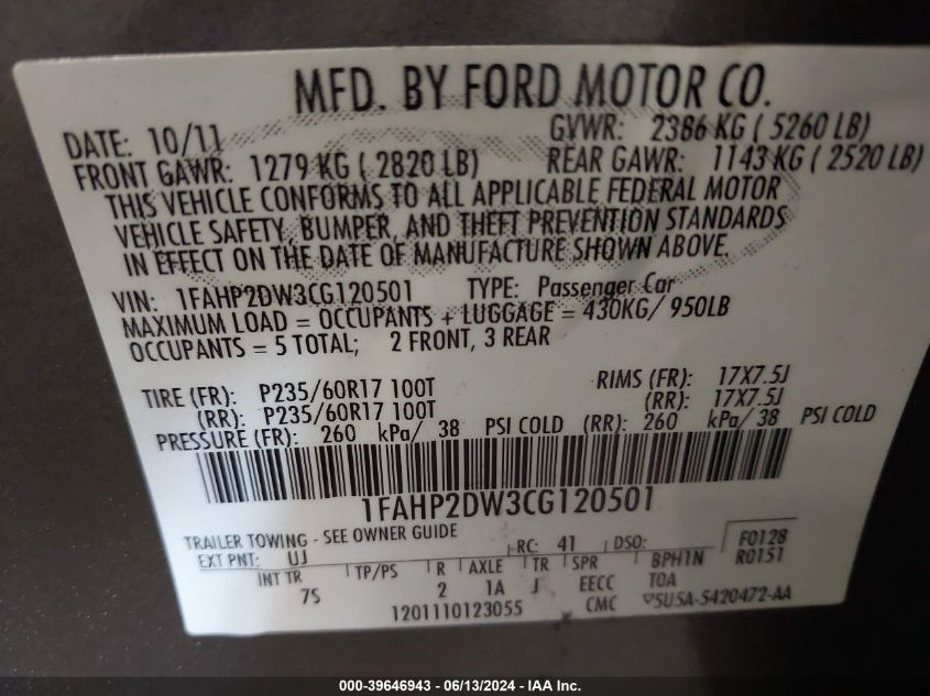 2012 Ford Taurus Se VIN: 1FAHP2DW3CG120501 Lot: 39646943