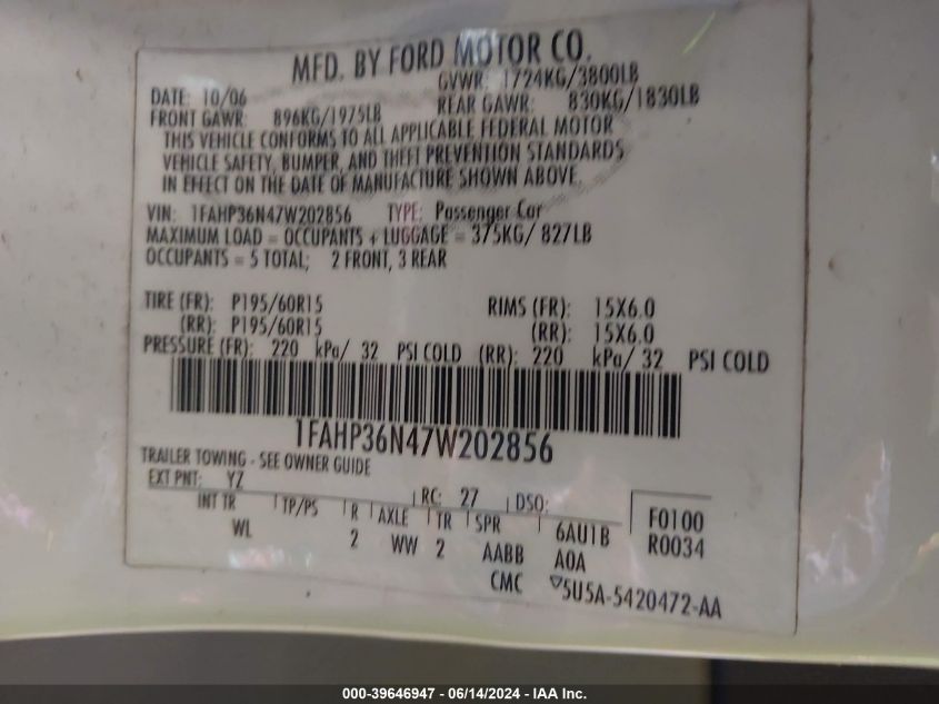 2007 Ford Focus Se/Ses VIN: 1FAHP36N47W202856 Lot: 39646947