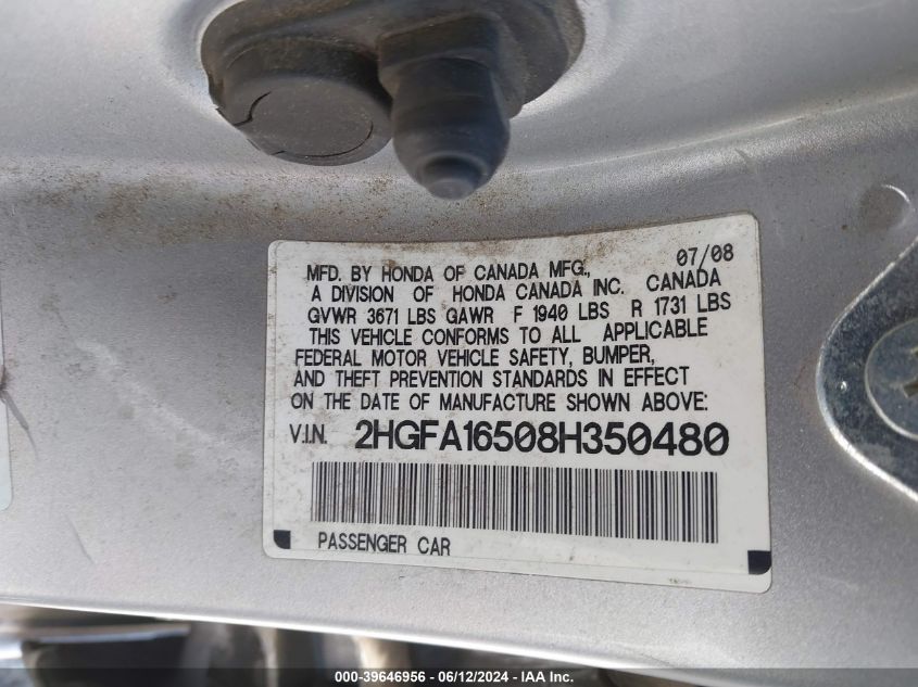 2008 Honda Civic Lx VIN: 2HGFA16508H350480 Lot: 39646956