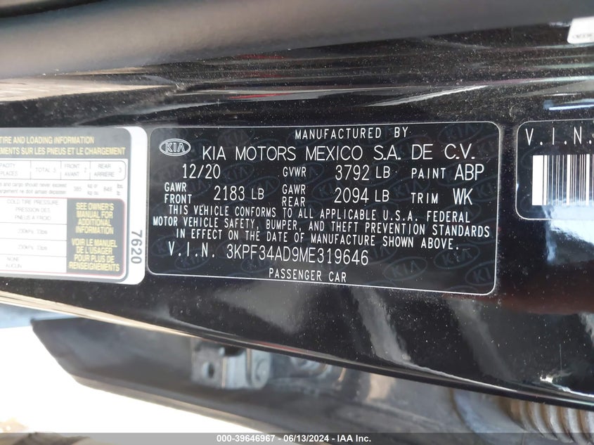 2021 KIA FORTE GT LINE VIN: 3KPF34AD9ME319646