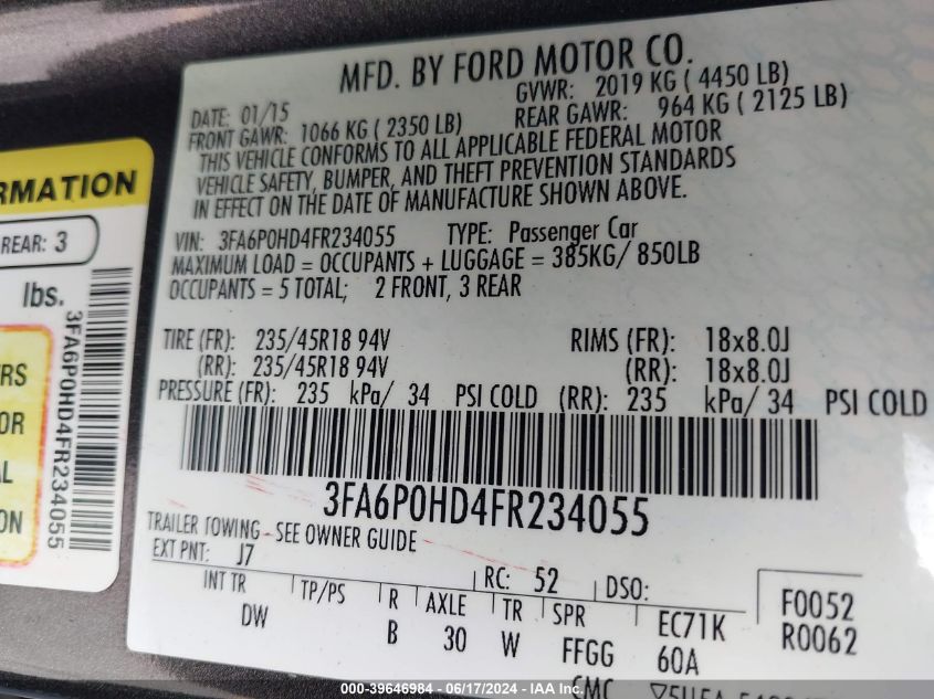 3FA6P0HD4FR234055 2015 Ford Fusion Se