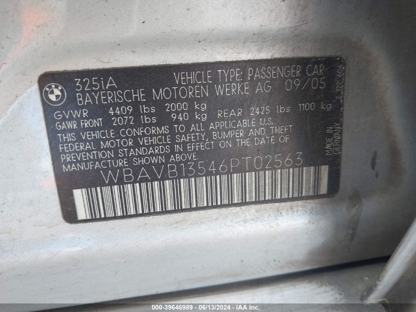 2006 BMW 325I VIN: WBAVB13546PT02563 Lot: 39646989