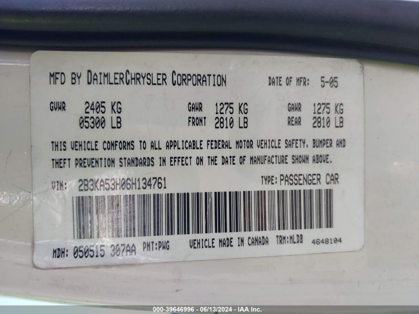 2006 Dodge Charger Rt VIN: 2B3KA53H06H134761 Lot: 39646996