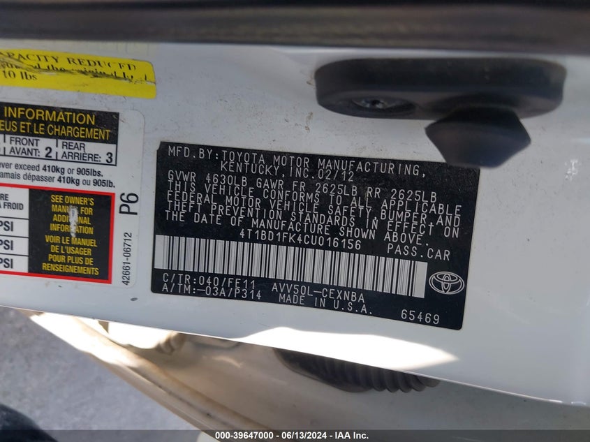 2012 Toyota Camry Hybrid Le VIN: 4T1BD1FK4CU016156 Lot: 39647000