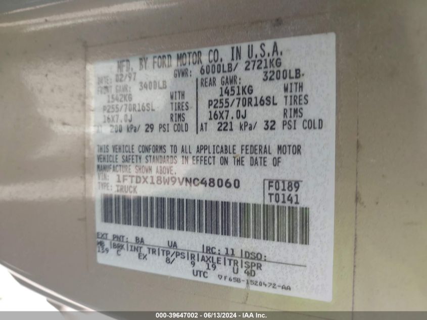 1997 Ford F-150 Lariat/Xl/Xlt VIN: 1FTDX18W9VNC48060 Lot: 39647002