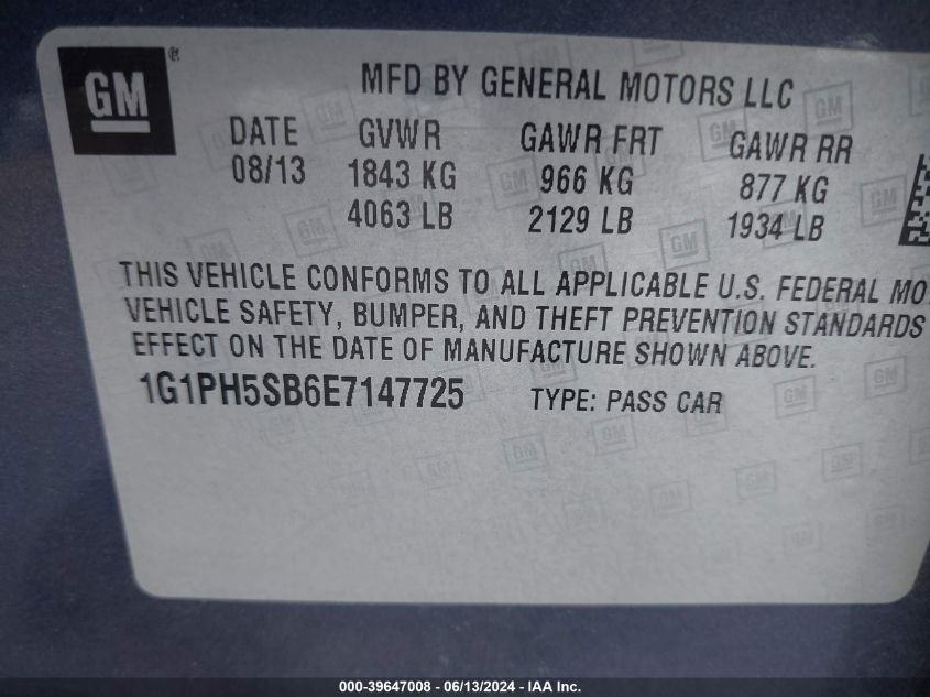 2014 Chevrolet Cruze Eco Auto VIN: 1G1PH5SB6E7147725 Lot: 39647008