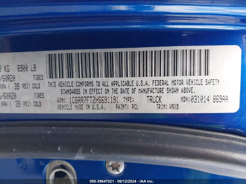 2017 Ram 1500 VIN: 1C6RR7FT2HS69191 Lot: 39647021