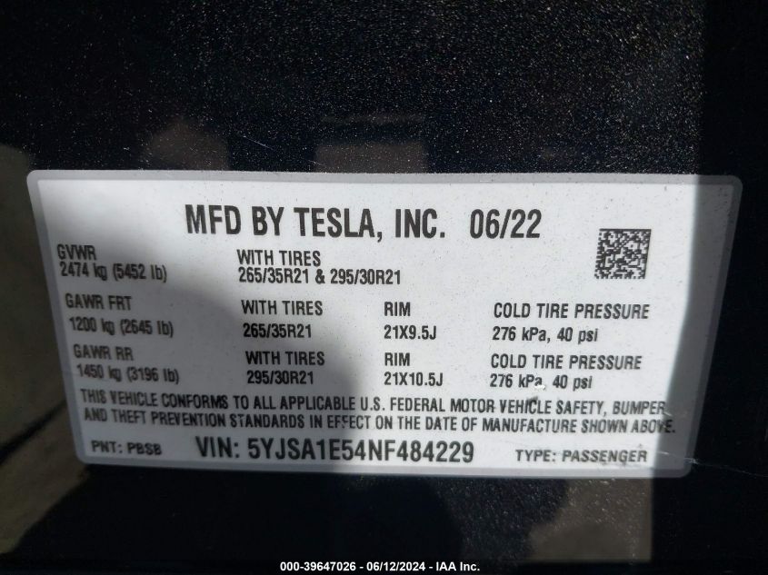 2022 Tesla Model S Dual Motor All-Wheel Drive VIN: 5YJSA1E54NF484229 Lot: 39647026