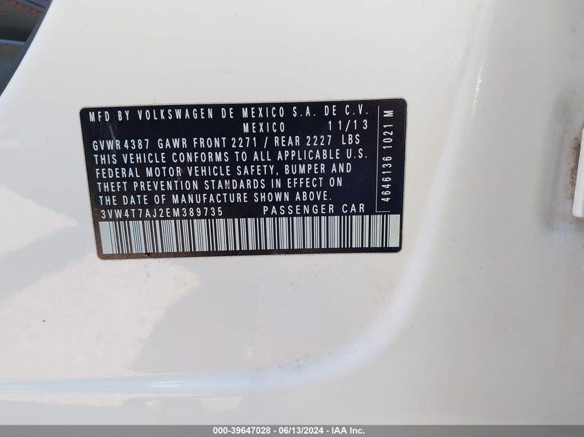 2014 Volkswagen Jetta Gli Autobahn W/Nav VIN: 3VW4T7AJ2EM389735 Lot: 39647028