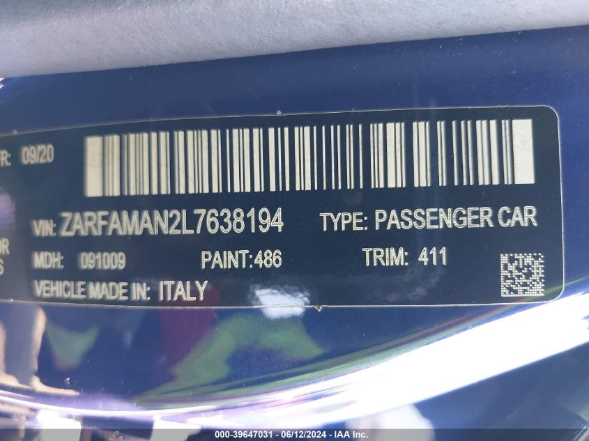 2020 Alfa Romeo Giulia Rwd VIN: ZARFAMAN2L7638194 Lot: 39647031