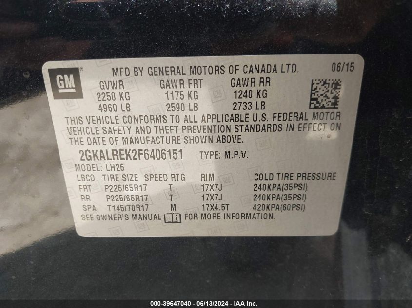 2015 GMC Terrain Sle-2 VIN: 2GKALREK2F6406151 Lot: 39647040