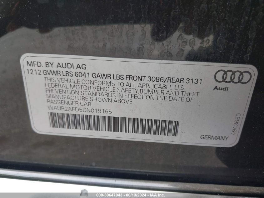 2013 Audi A8 L 4.0T VIN: WAUR2AFD5DN019165 Lot: 39647043