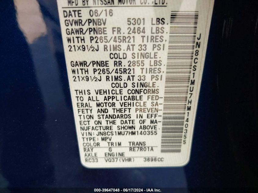 2017 Infiniti Qx70 VIN: JN8CS1MU7HM140355 Lot: 39647048