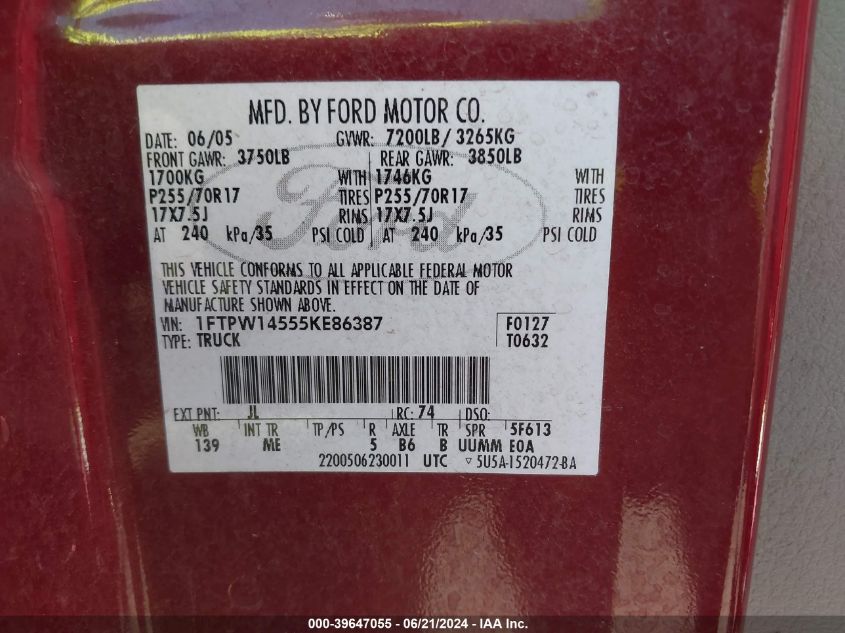 2005 Ford F150 Supercrew VIN: 1FTPW14555KE86387 Lot: 39647055