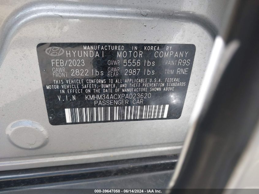 2023 Hyundai Ioniq 6 Sel VIN: KMHM34ACXPA023620 Lot: 39647058