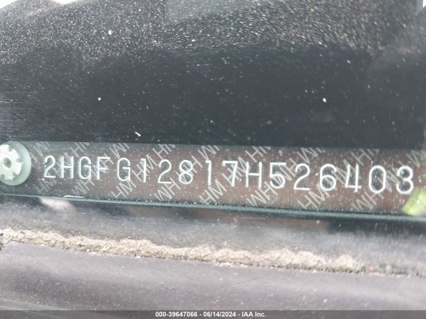 2007 Honda Civic Ex VIN: 2HGFG12817H526403 Lot: 39647066
