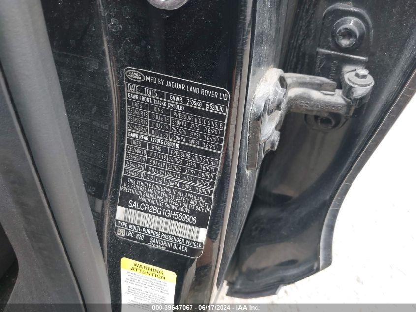 2016 Land Rover Discovery Sport Hse VIN: SALCR2BG1GH569906 Lot: 39647067