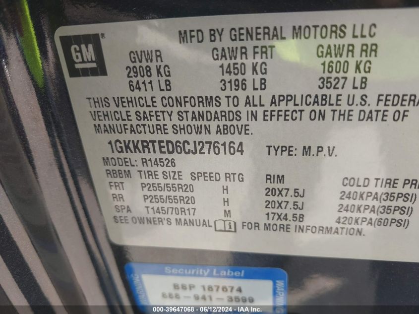 2012 GMC Acadia Denali VIN: 1GKKRTED6CJ276164 Lot: 39647068