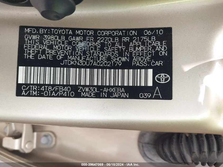 2010 Toyota Prius Iii VIN: JTDKN3DU7A0202179 Lot: 39647069