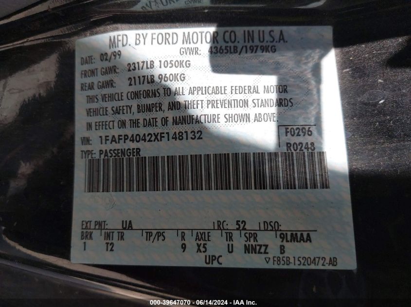 1999 Ford Mustang VIN: 1FAFP4042XF148132 Lot: 39647070