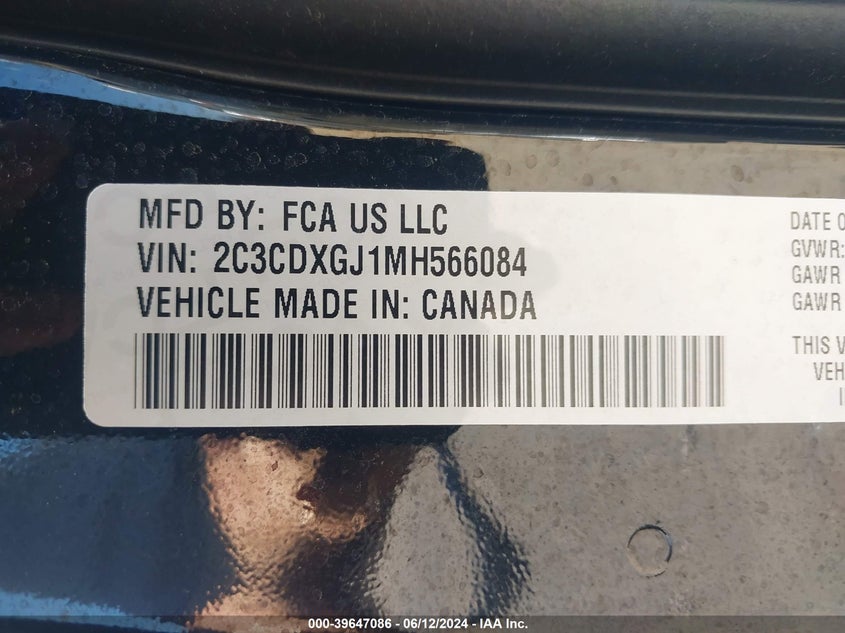 2021 Dodge Charger Scat Pack Rwd VIN: 2C3CDXGJ1MH566084 Lot: 39647086