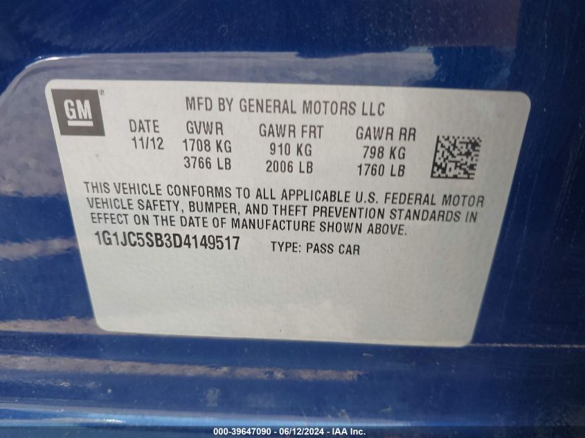 2013 Chevrolet Sonic Lt Auto VIN: 1G1JC5SB3D4149517 Lot: 39647090