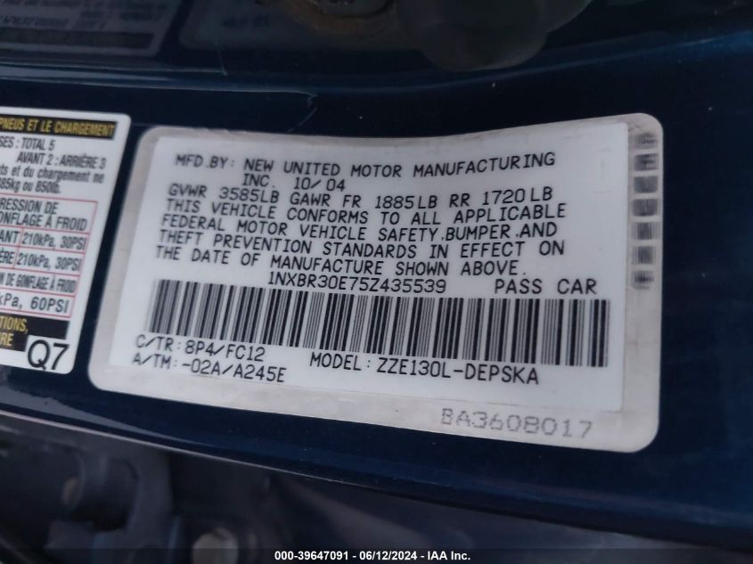 2005 Toyota Corolla S VIN: 1NXBR30E75Z435539 Lot: 39647091