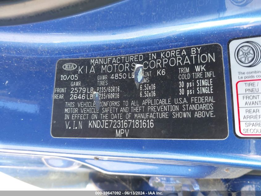 2006 Kia Sportage Ex V6/Lx V6 VIN: KNDJE723167181616 Lot: 39647092