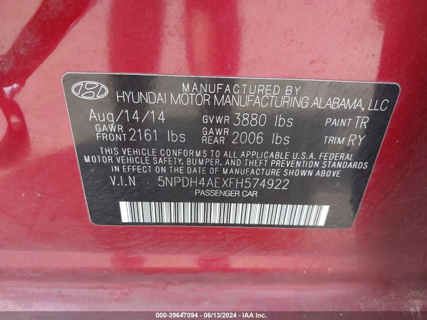 5NPDH4AEXFH574922 2015 Hyundai Elantra Se