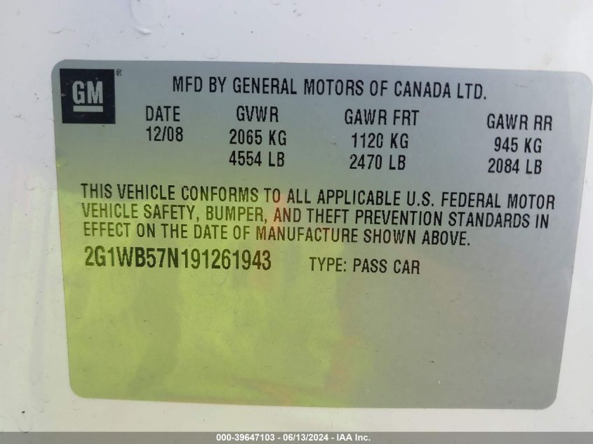 2009 Chevrolet Impala Ls VIN: 2G1WB57N191261943 Lot: 39647103