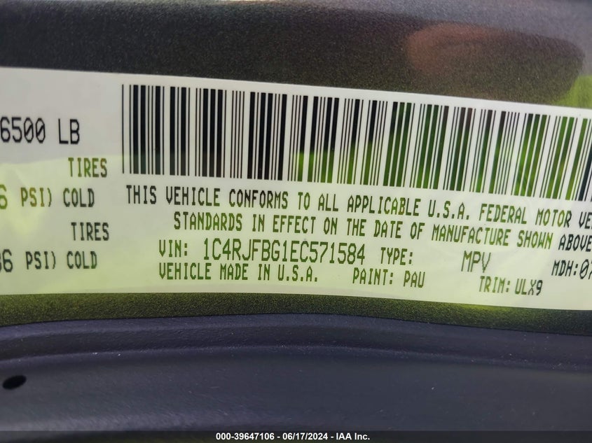 2014 Jeep Grand Cherokee Limited VIN: 1C4RJFBG1EC571584 Lot: 39647106