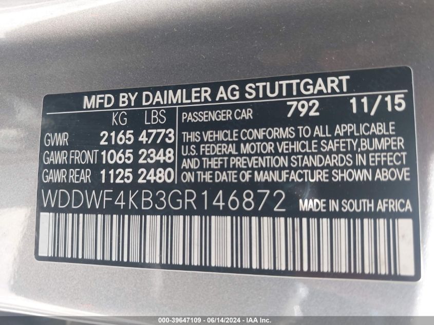 2016 Mercedes-Benz C 300 4Matic/Luxury 4Matic/Sport 4Matic VIN: WDDWF4KB3GR146872 Lot: 39647109