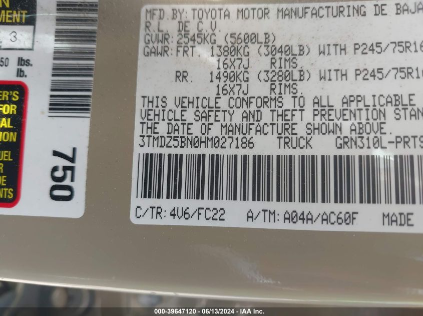 2017 Toyota Tacoma Sr5 V6 VIN: 3TMDZ5BN0HM027186 Lot: 39647120