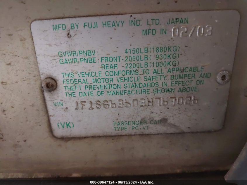 2003 Subaru Forester X VIN: JF1SG63603H767026 Lot: 39647124