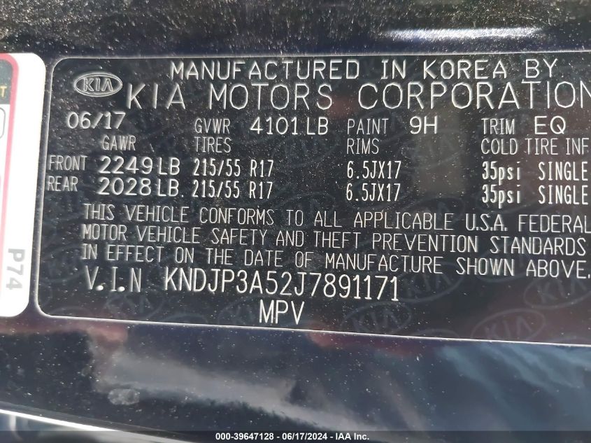 2018 Kia Soul + VIN: KNDJP3A52J7891171 Lot: 39647128