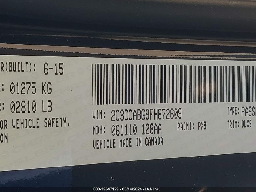 2015 Chrysler 300 300S VIN: 2C3CCABG9FH872609 Lot: 39647129