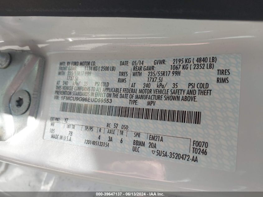 1FMCU9G96EUD59553 2014 Ford Escape Se