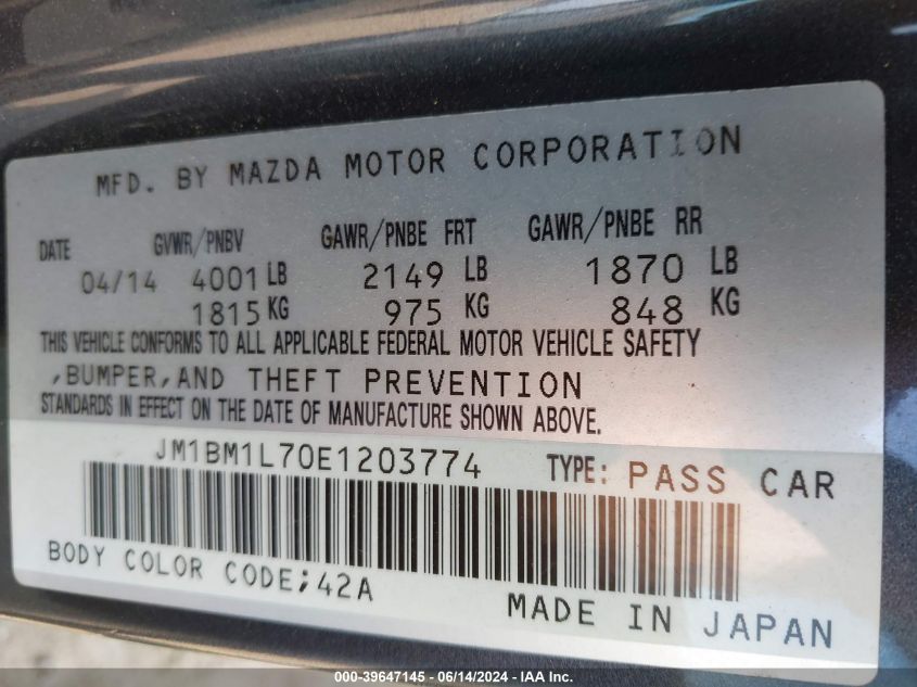 2014 Mazda Mazda3 I Touring VIN: JM1BM1L70E1203774 Lot: 39647145