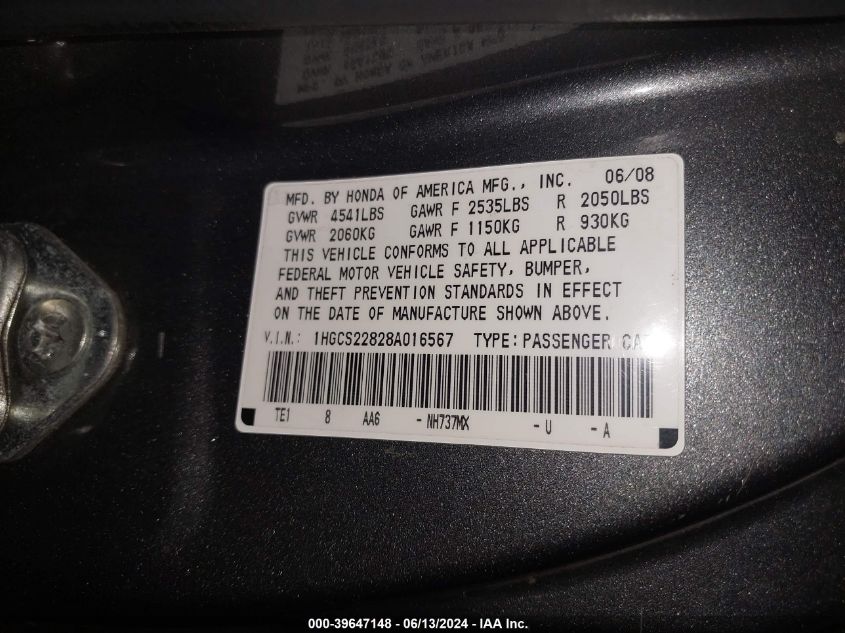 1HGCS22828A016567 2008 Honda Accord 3.5 Ex-L