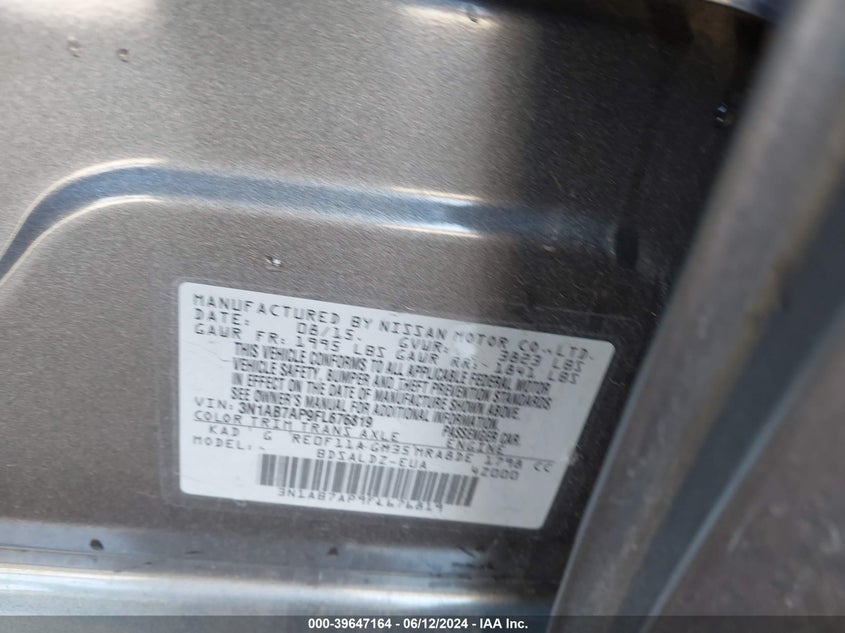 2015 Nissan Sentra Sv VIN: 3N1AB7AP9FL676819 Lot: 39647164