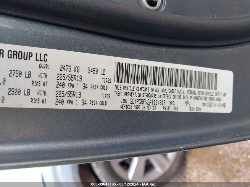 2010 Dodge Journey Sxt VIN: 3D4PG5FV2AT114616 Lot: 39647165