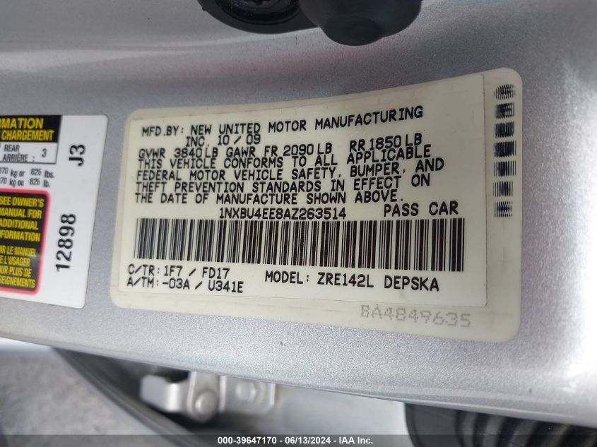 2010 Toyota Corolla S VIN: 1NXBU4EE8AZ263514 Lot: 39647170