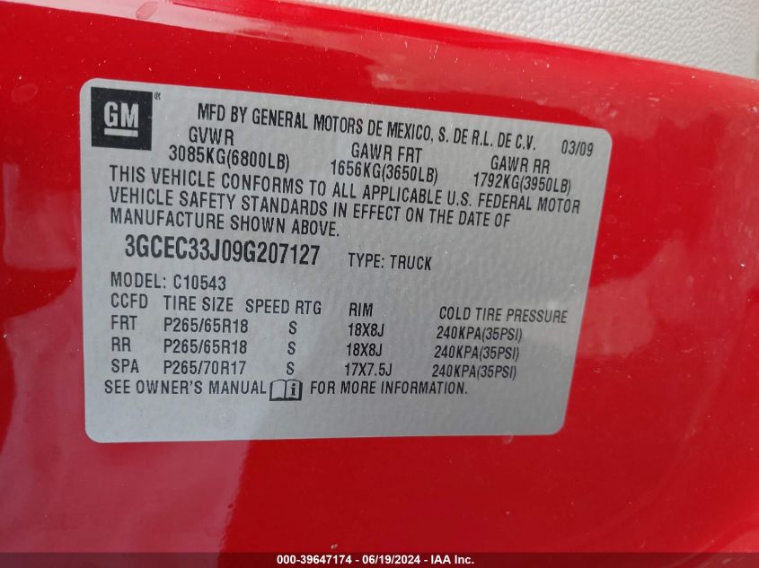 2009 Chevrolet Silverado 1500 Ltz VIN: 3GCEC33J09G207127 Lot: 39647174