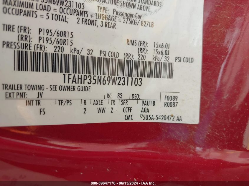 2009 Ford Focus Se VIN: 1FAHP35N69W231103 Lot: 39647178